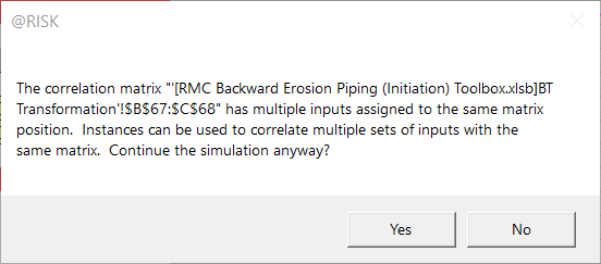 Example warning message when performing probabilistic analysis using @RISK.